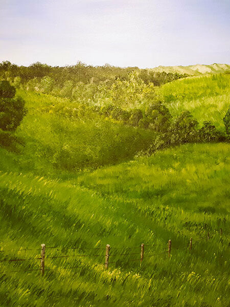 Painting of The Green Green Grass of Maleny with rustic fence line.