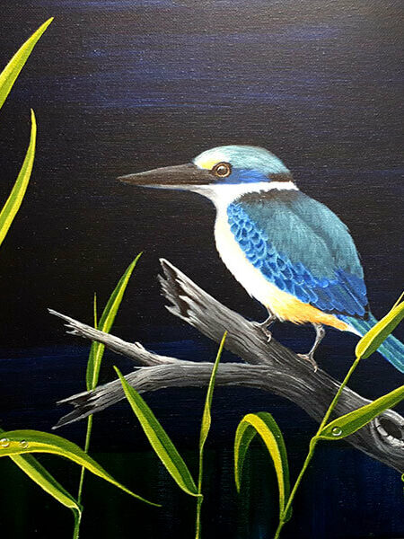 Acrylic painting of a Sacred Kingfisher perched on a branch with reeds