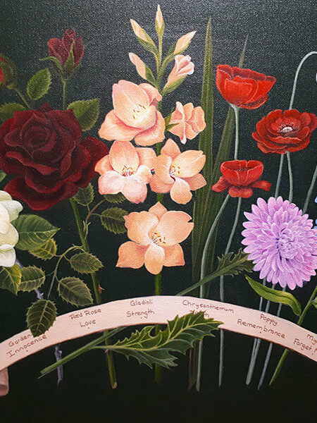 A story of enduring love told in the language of flowers. Gardenia, Rose, Gladioli, Poppy, Forget Me Not