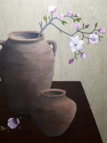 still-life painting of clay pots with magnolia branch