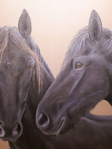 Painting of two black Friesian horses