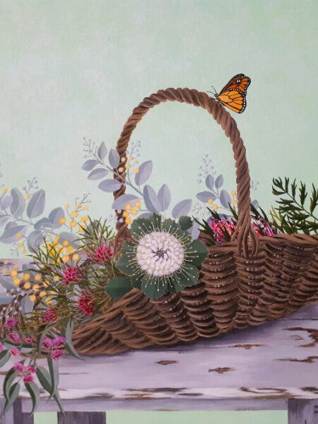 Painting of wicker basket with harvest of native spring wild flowers and butterfly on handle