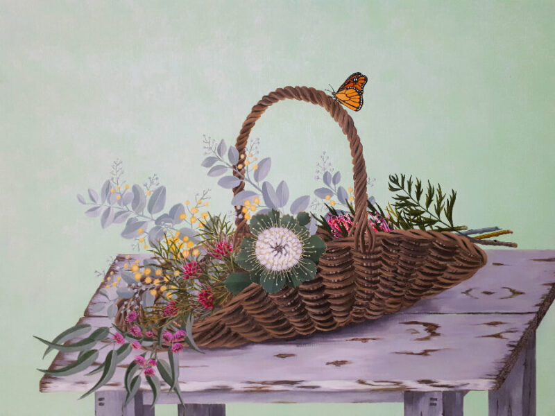 Painting of wicker basket with harvest of native spring wild flowers and butterfly on handle