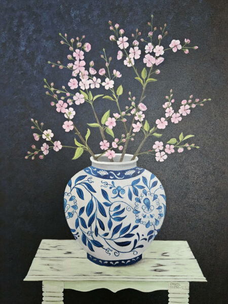 Cherry Blossom in a blue and white vase