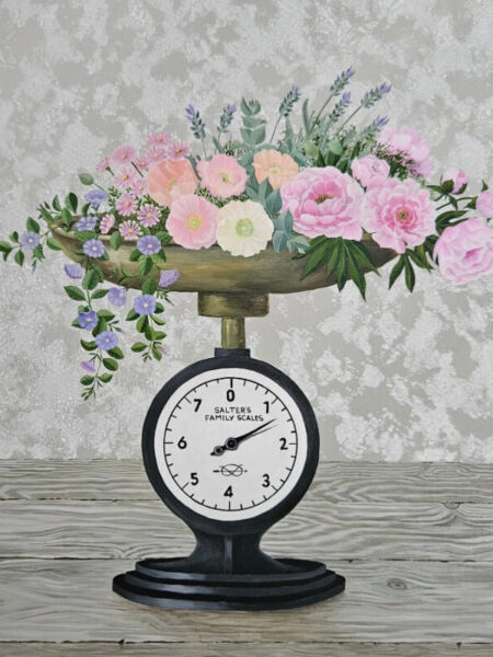 Floral painting of flowers arranged on brass tray of vintage Salters Family Scales